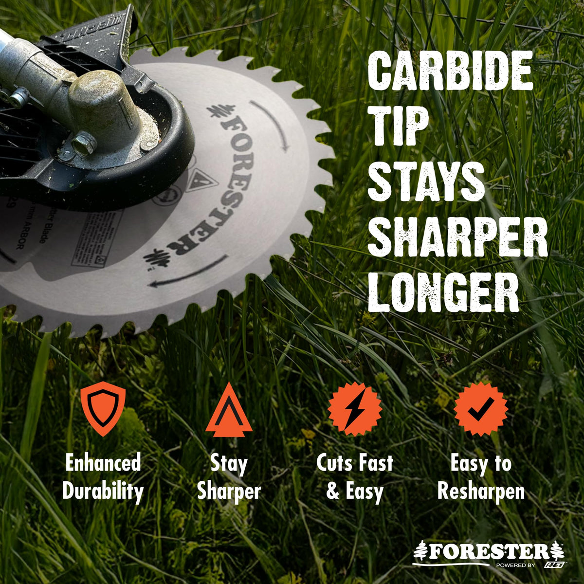 FORESTER carbide tip brush cutter arbor hole closeup with alignment for versatile mounting.
