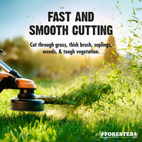 FORESTER carbide tip brush cutter teeth closeup highlighting sharp carbide tips for longer edge life.