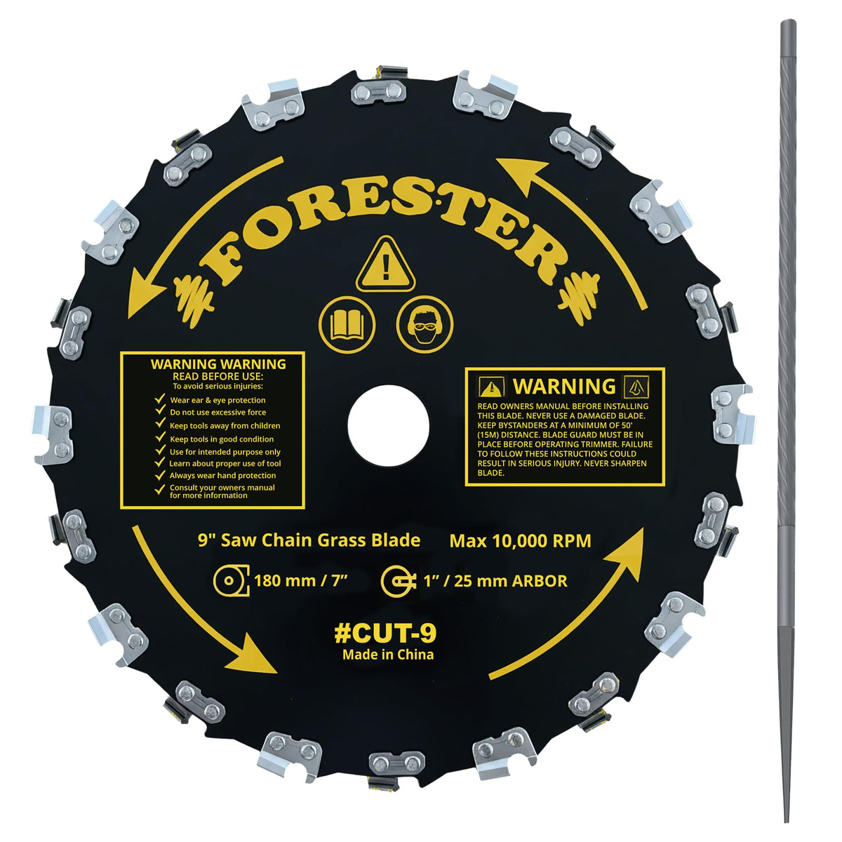 FORESTER 9-inch chainsaw blade with 20 teeth for heavy-duty brush cutting.