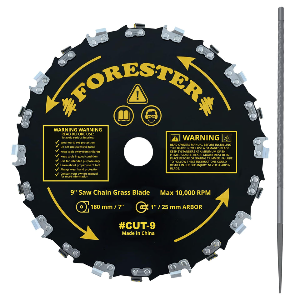 FORESTER 9-inch chainsaw blade with 20 teeth for heavy-duty brush cutting.