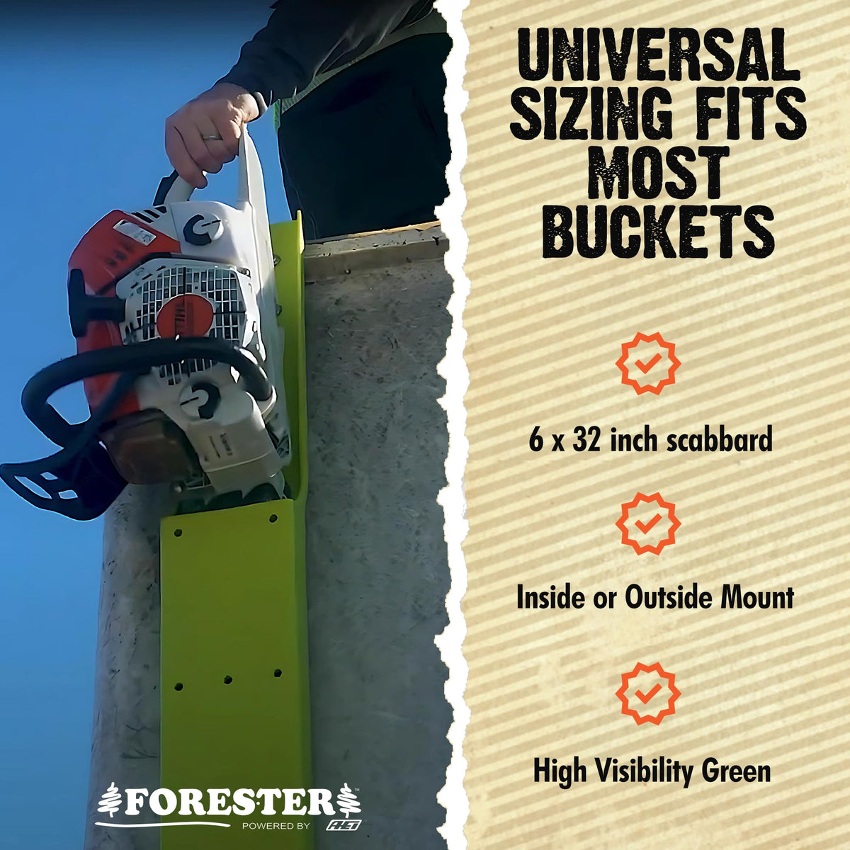FORESTER hi-vis green scabbard enhances visibility on site.