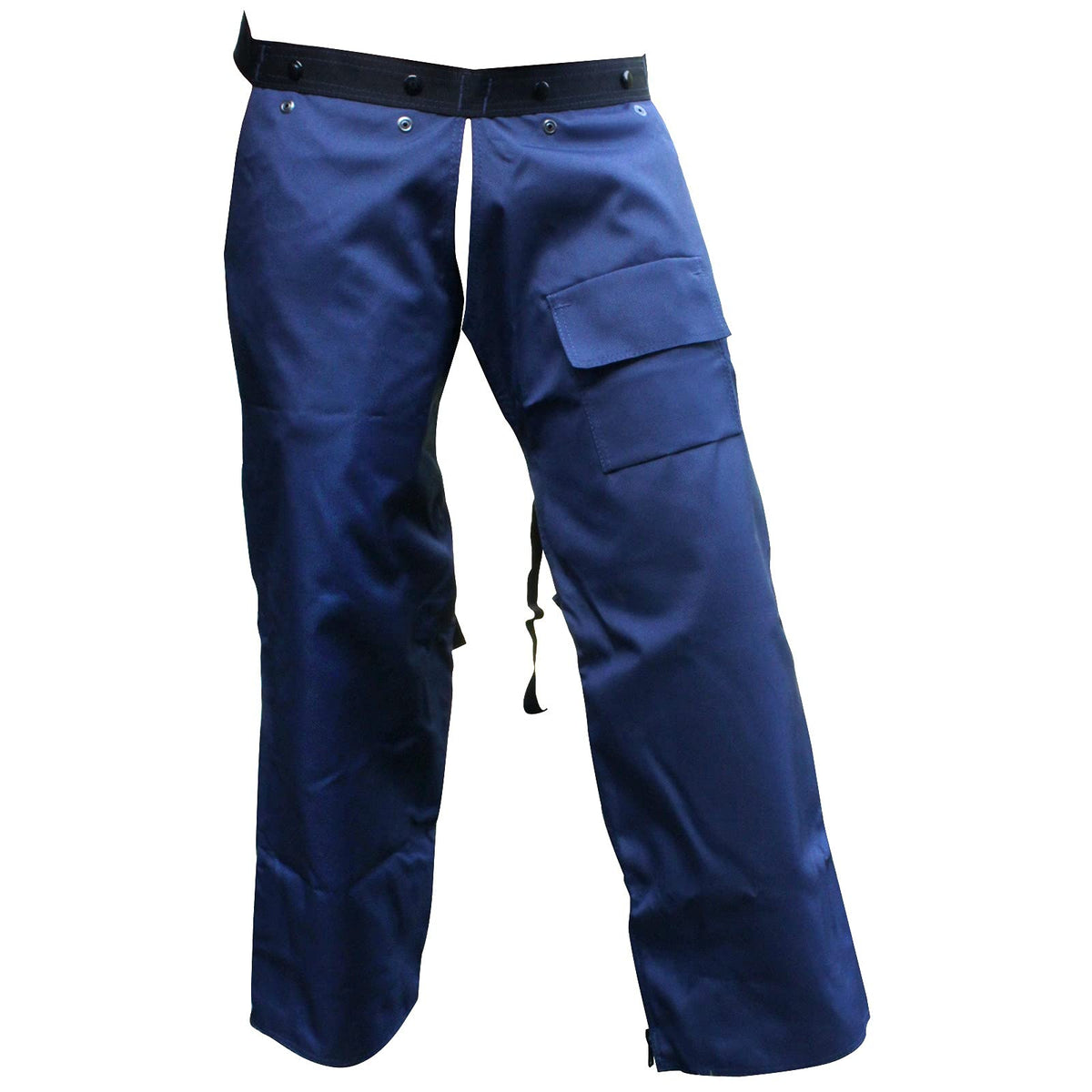 FORESTER navy trimmer chaps with adjustable waist for secure, comfortable fit.