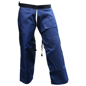 FORESTER navy trimmer chaps with adjustable waist for secure, comfortable fit.