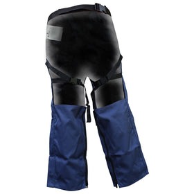 FORESTER trimmer chaps navy showing belt closure for snug, customizable fit.