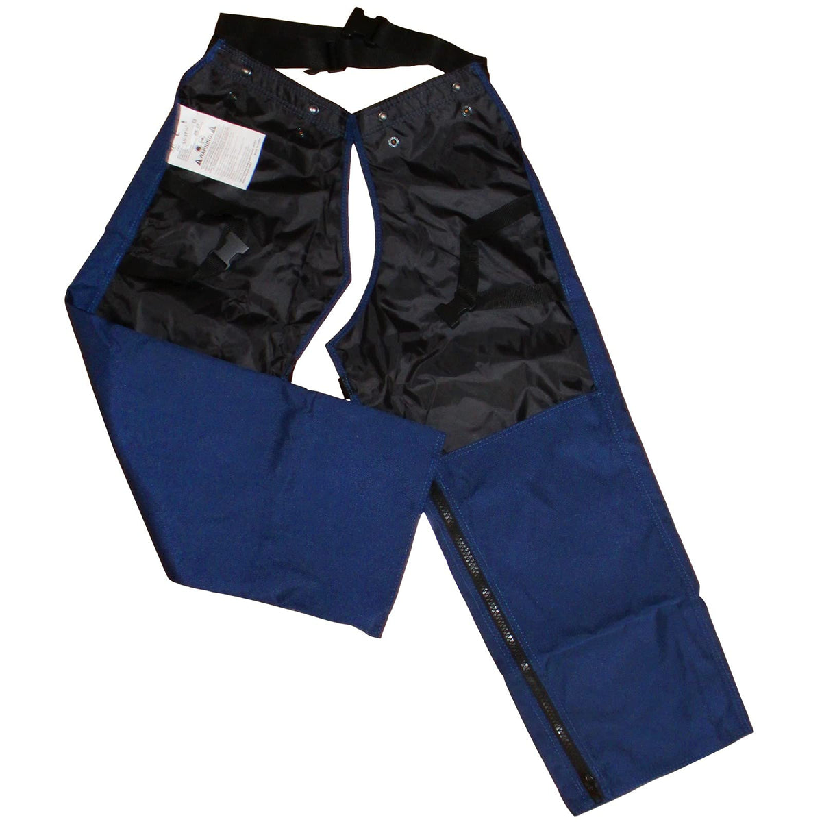 FORESTER navy chaps with leg straps providing secure protection during trimming.