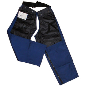 FORESTER navy chaps with leg straps providing secure protection during trimming.