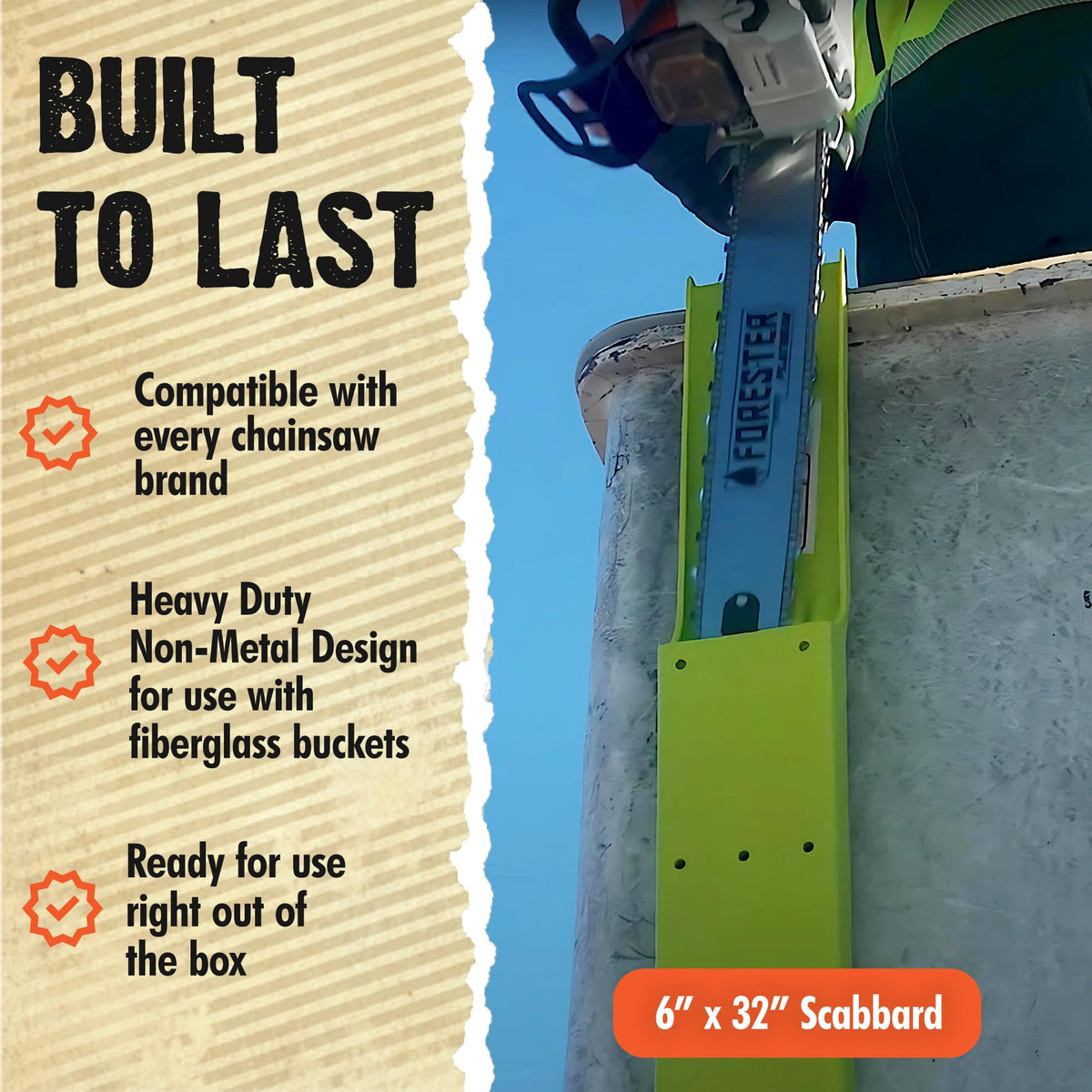FORESTER scabbard fits most chainsaws and trim saws for versatile storage.