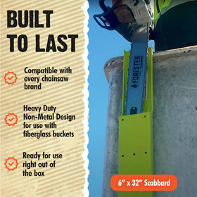 FORESTER scabbard fits most chainsaws and trim saws for versatile storage.