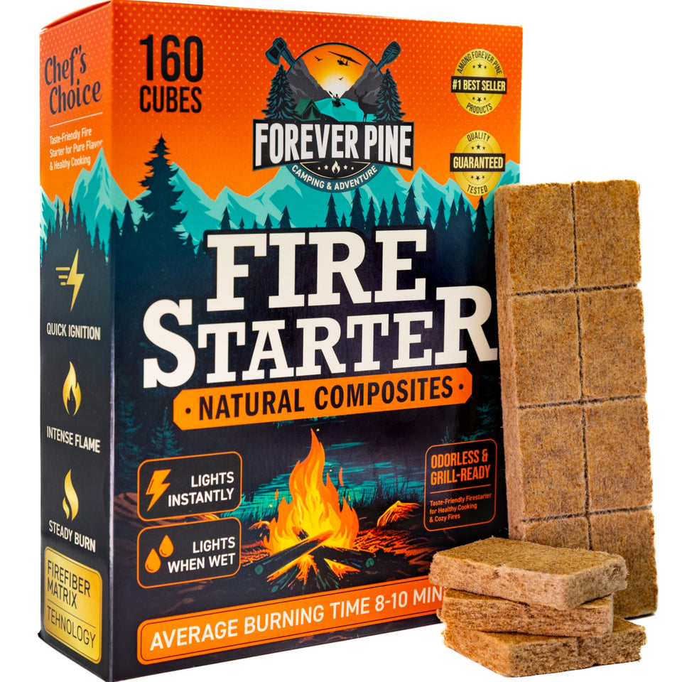 Forever Pine Firestarter Cubes pack shot showing quick, reliable ignition.