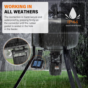 Foricx 6V solar panel keeps the 6V battery charged for continuous feeding.