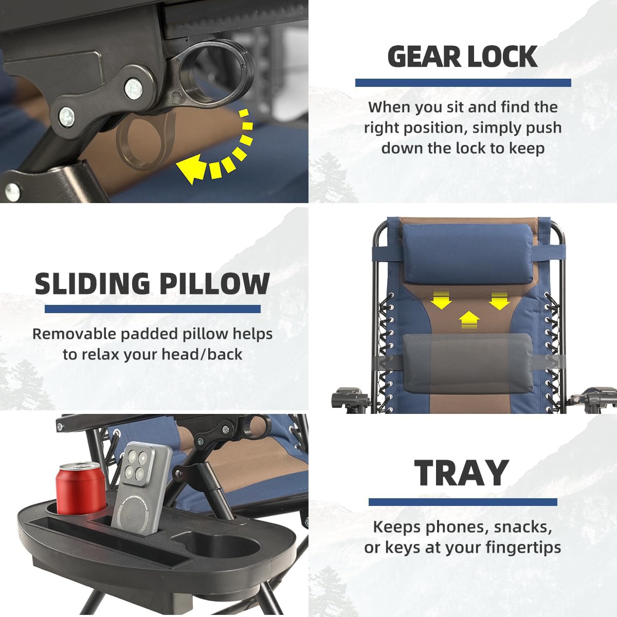 Foristrail Patented safety reclining mechanism provides secure multi-position locking.