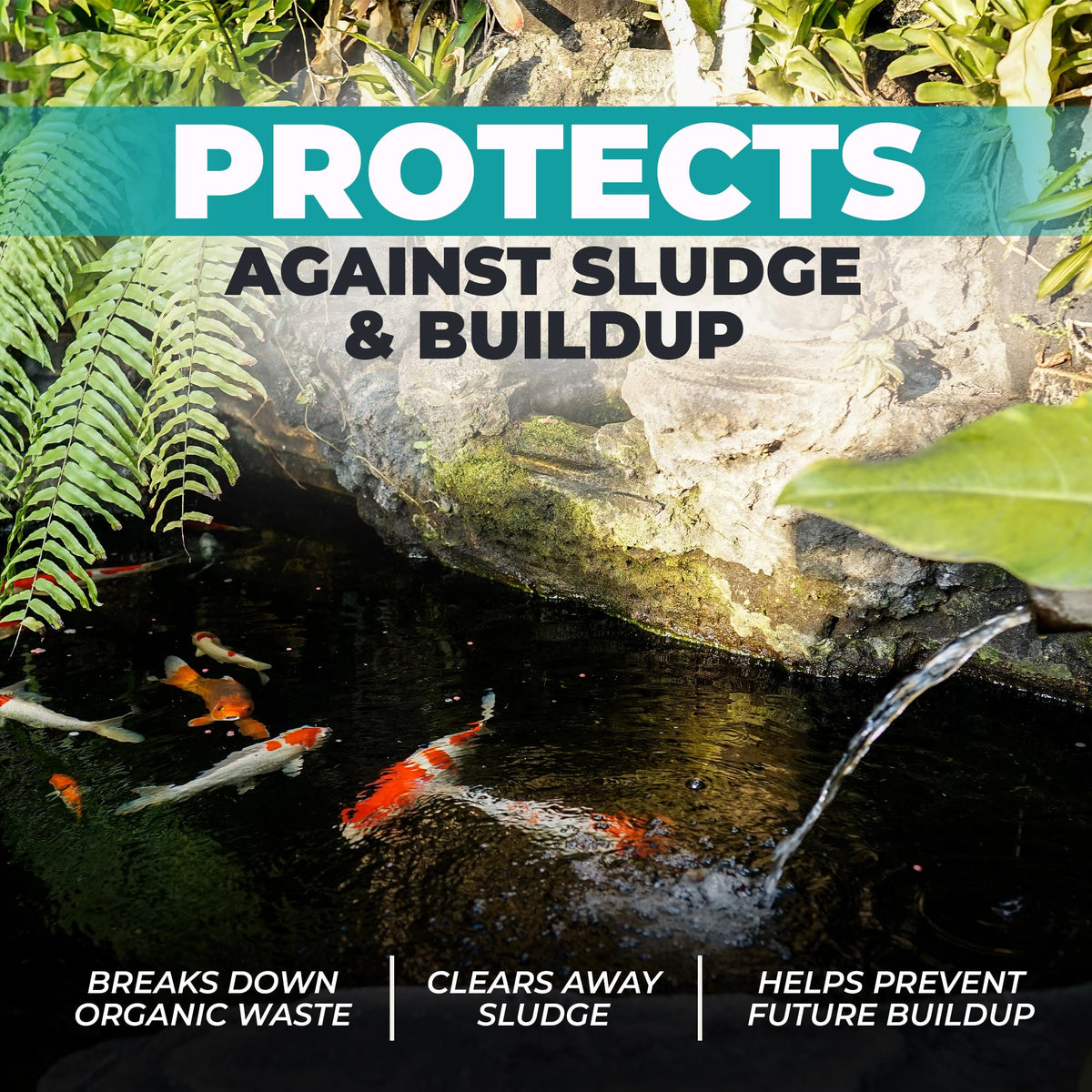 FORTIVO Natural Pond Care Ball in clear water with aquatic plants.
