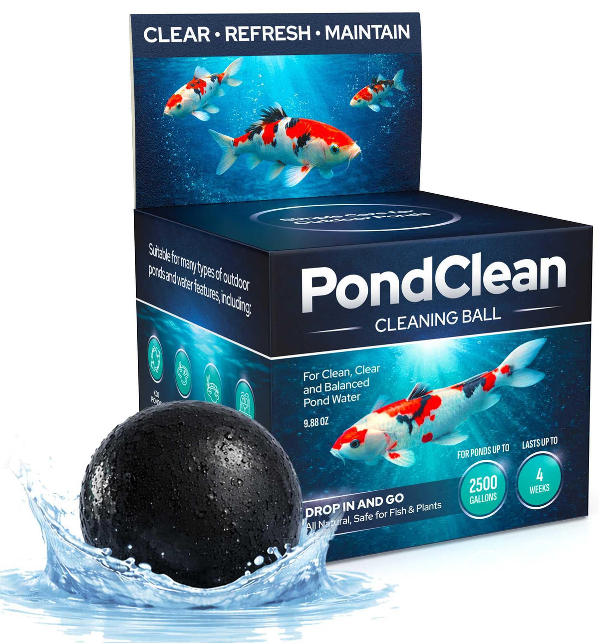 FORTIVO Natural Pond Care Ball packaging shows easy maintenance.