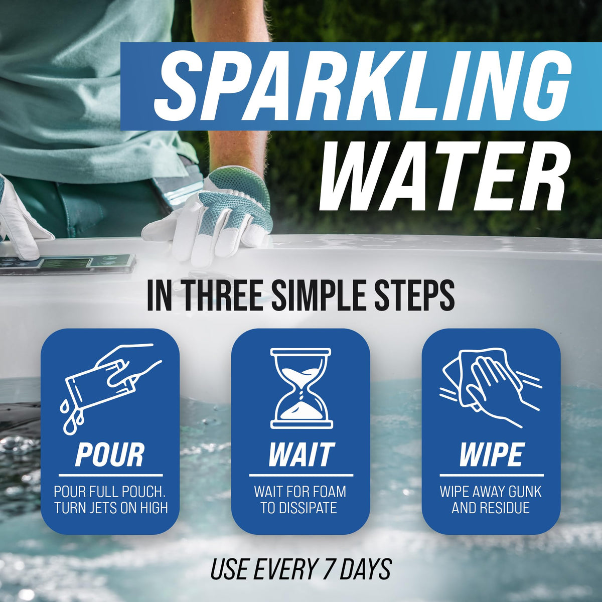 FORTIVO portable spa clarifier quickly mixes into water for maintenance.