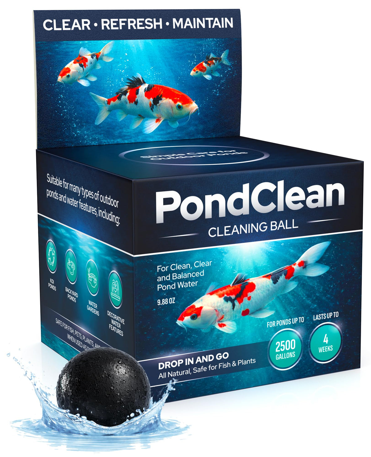 FORTIVO Year-round pond maintenance shown in backyard setting.
