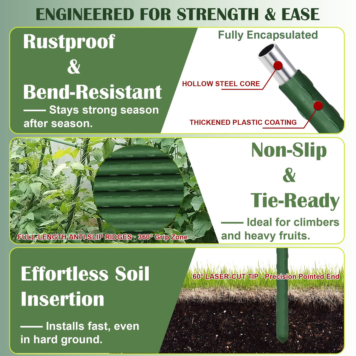FORUP steel-core coating stake emphasizes rust resistance and long-lasting outdoor performance.