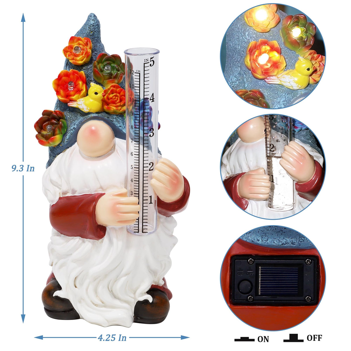 FORUP gnome head with a bird rain gauge serves as whimsical yard decor and measurement