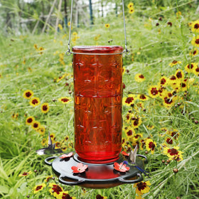FORUP red flower ports on hummingbird feeder attract birds to yards and decks.