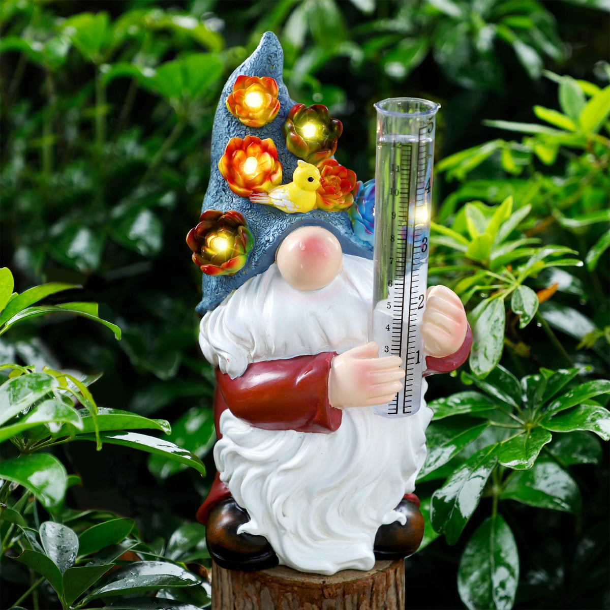 FORUP resin gnome rain gauge with solar-ready design measures rainfall while adding garden charm