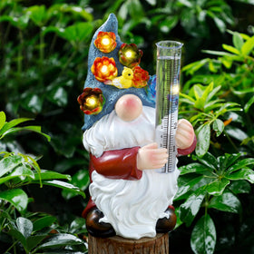 FORUP resin gnome rain gauge with solar-ready design measures rainfall while adding garden charm