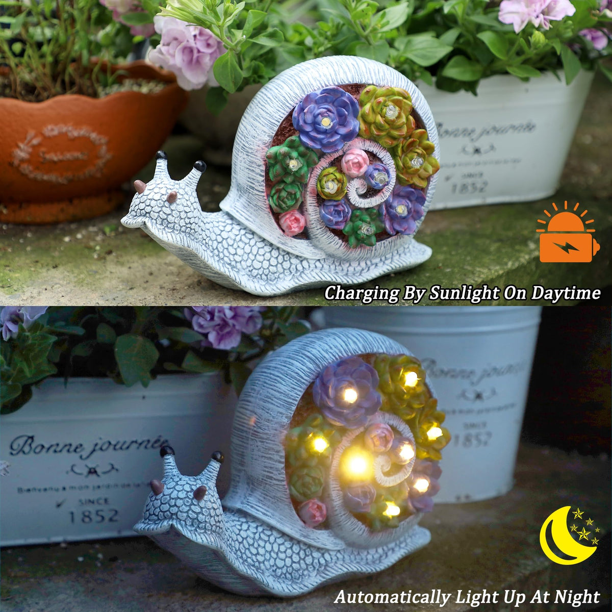 FORUP Snail Garden Statue warm LED glow after daylight for night ambiance