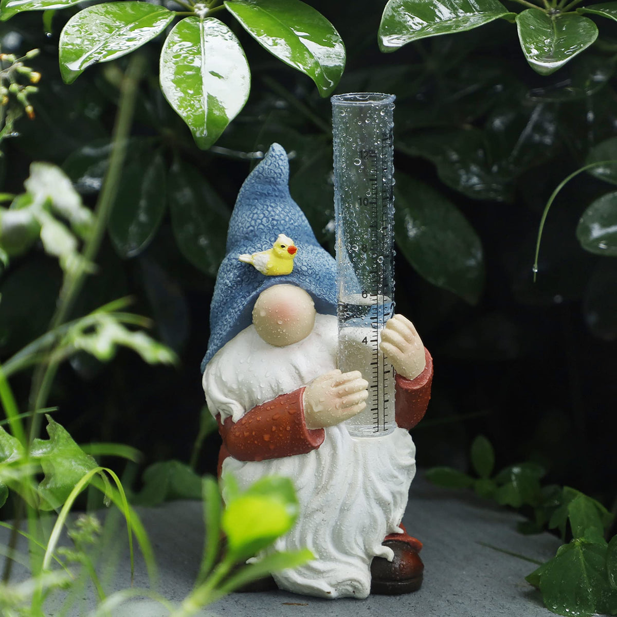Forup spring garden gnome decor doubles as a rainfall aid.