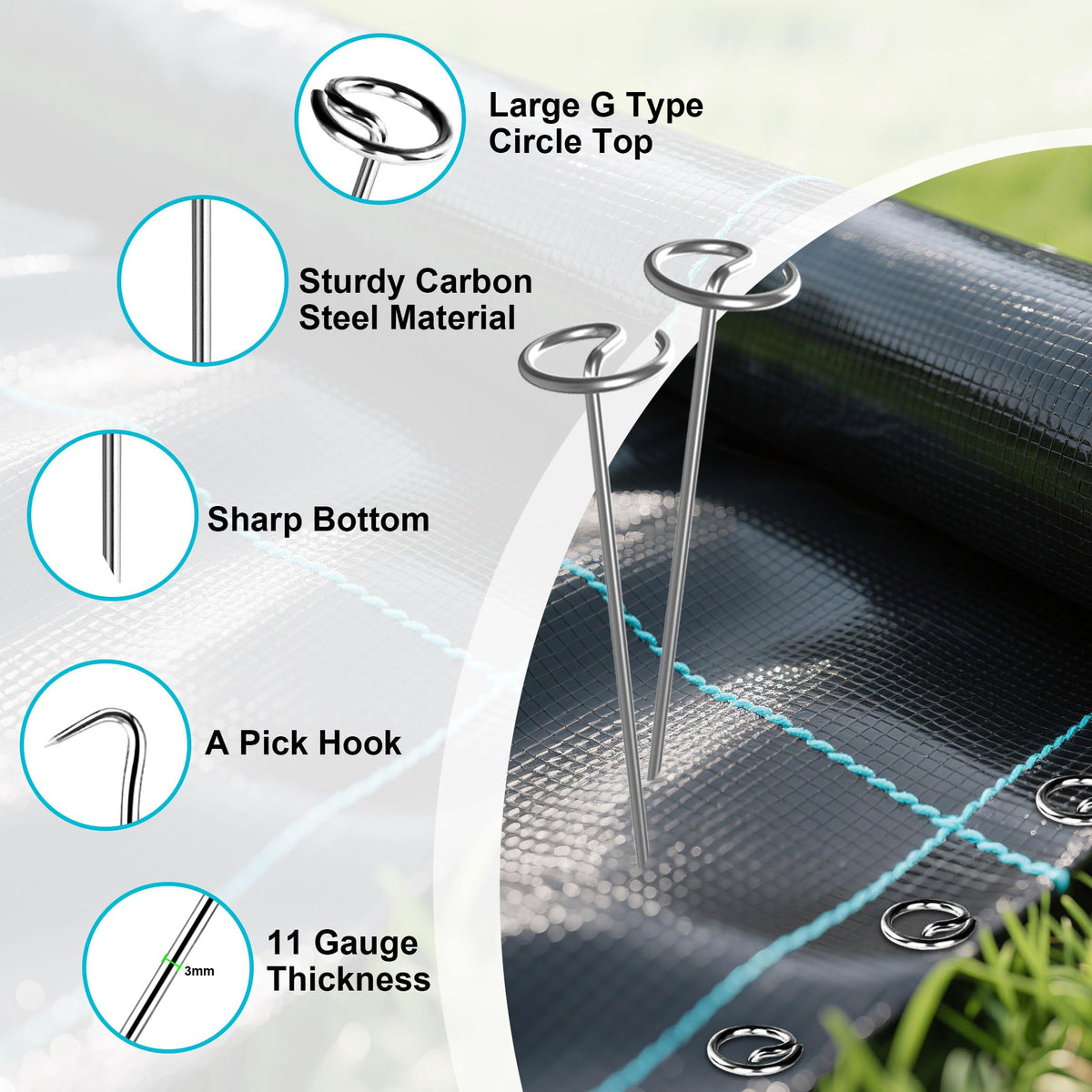 Fosiweelo 6-inch galvanized stake for soil erosion control.