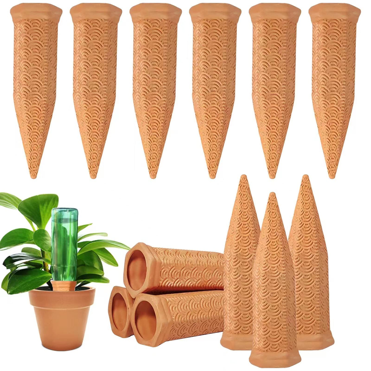Fosiweelo terracotta watering spike installed in soil delivering slow irrigation.