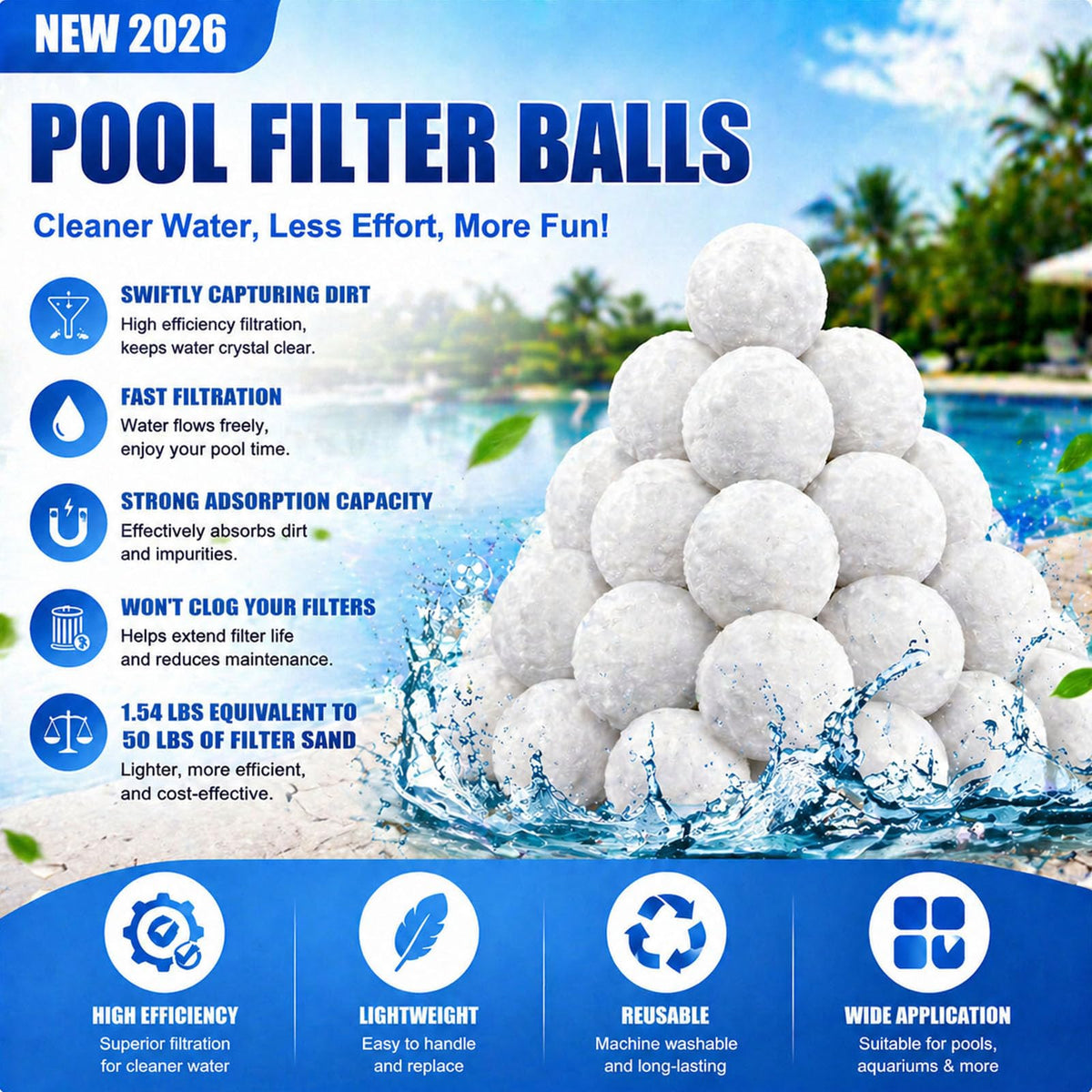 Foubret pool filter balls closeup, polyester fiber texture for strong filtration.