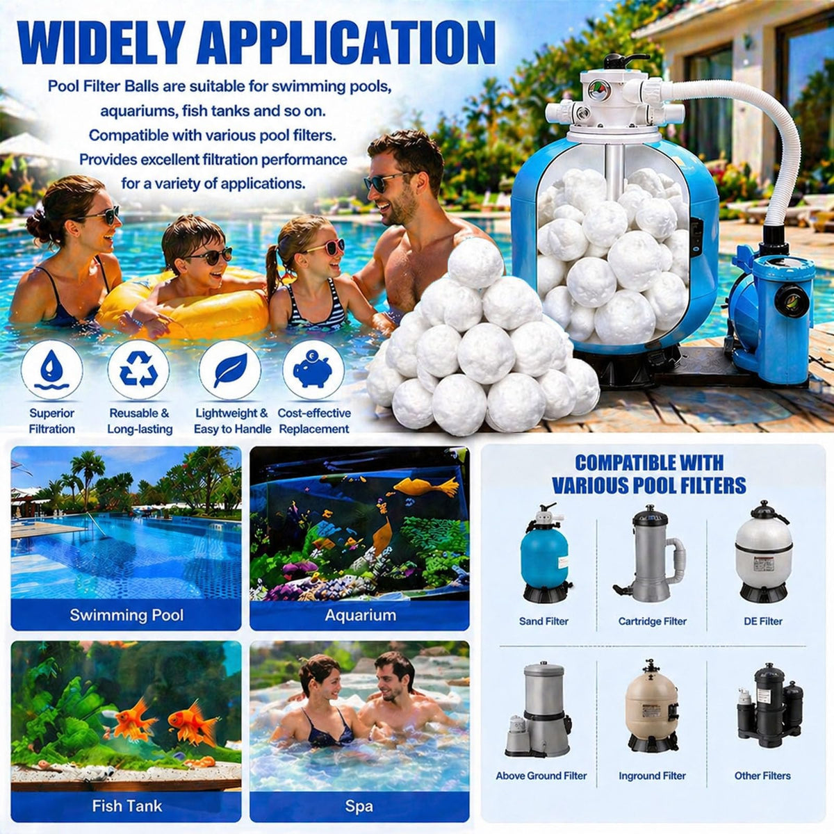 Foubret pool filter balls in filter tank, compatible filtration media.