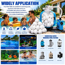 Foubret pool filter balls in filter tank, compatible filtration media.