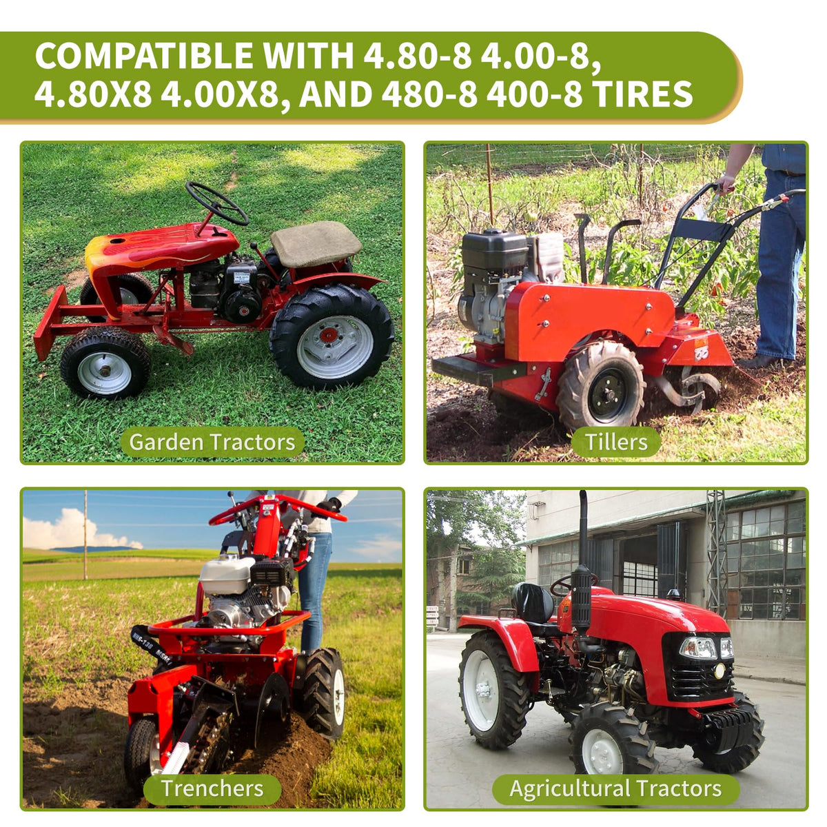 Fourtry tire compatibility with common 4.80-8 and 4.00-8 models.