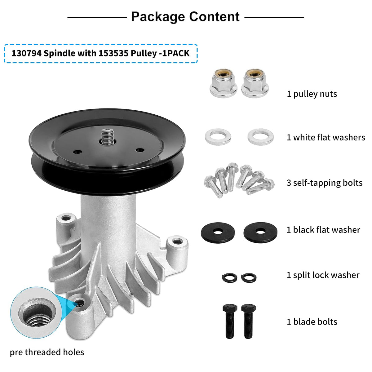 Fourtry spindle kit with bearings, blade mount, and hardware included.