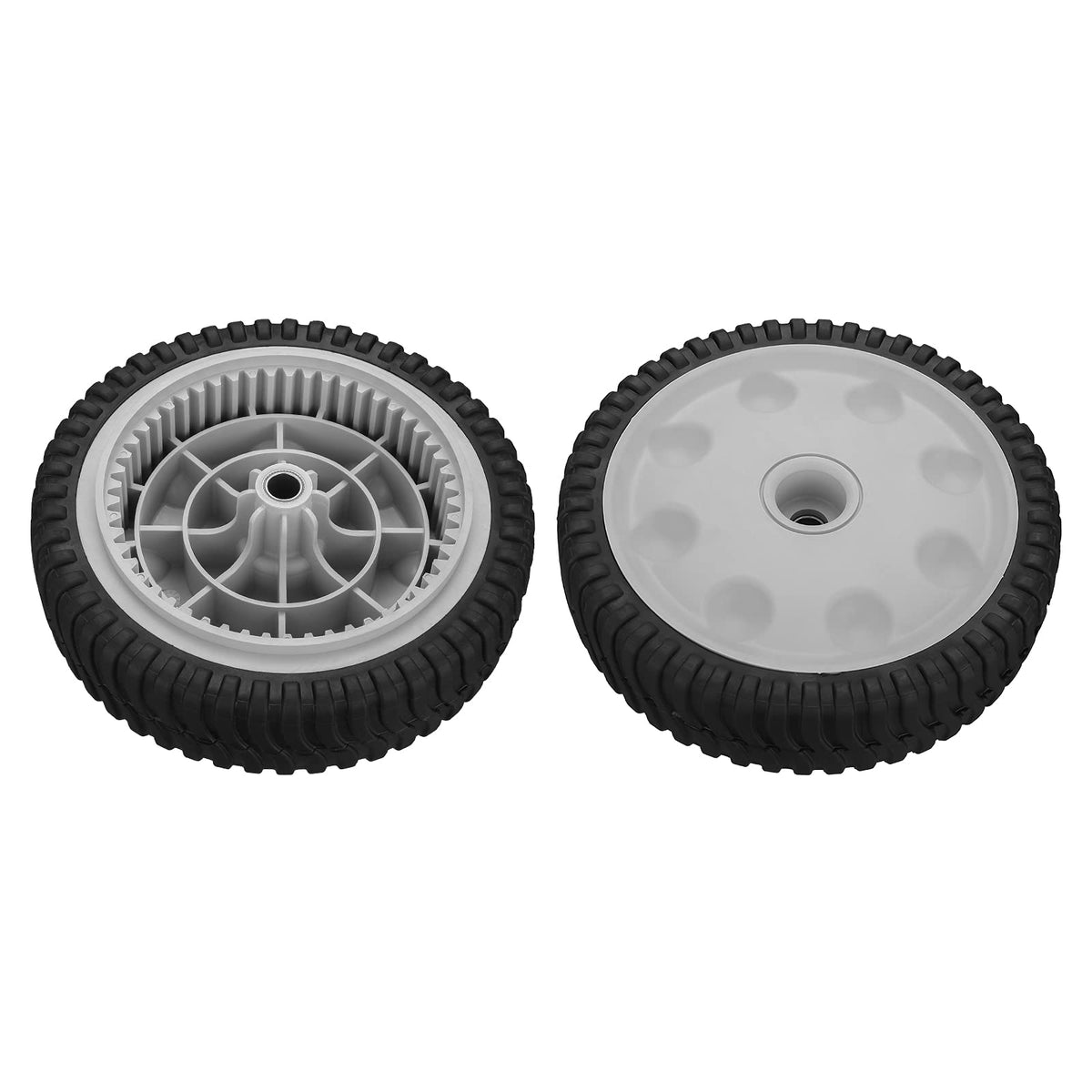 Eight-inch wheel diameter improves balance and mowing control.