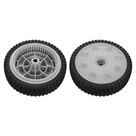 Eight-inch wheel diameter improves balance and mowing control.
