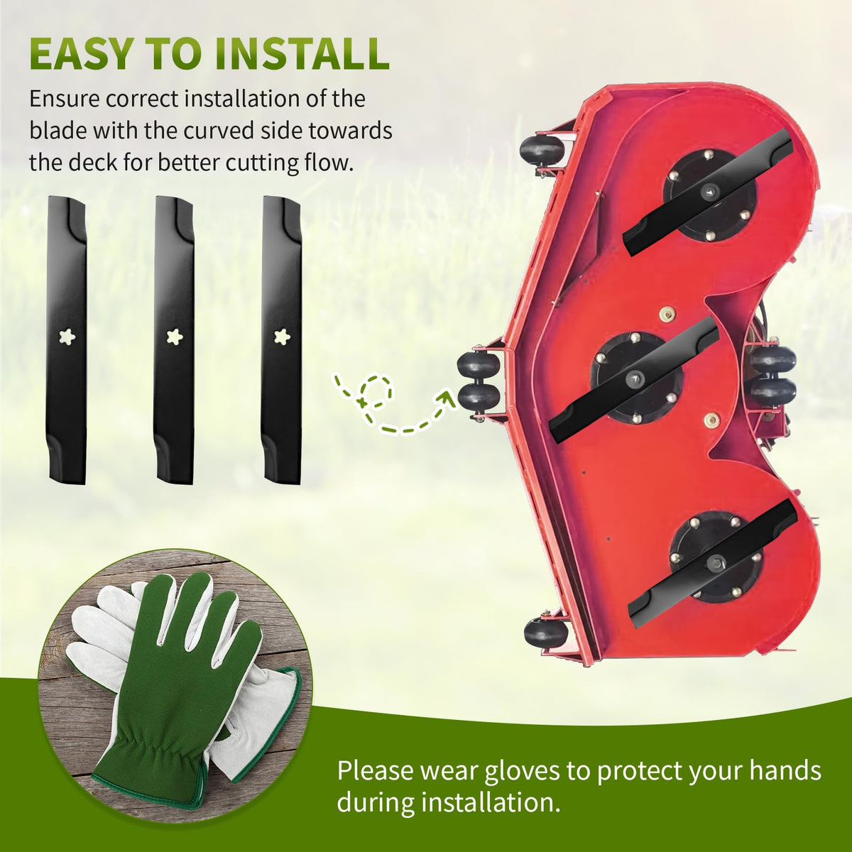 Fourtry easy-installation blades enable quick, safe mower blade replacement.