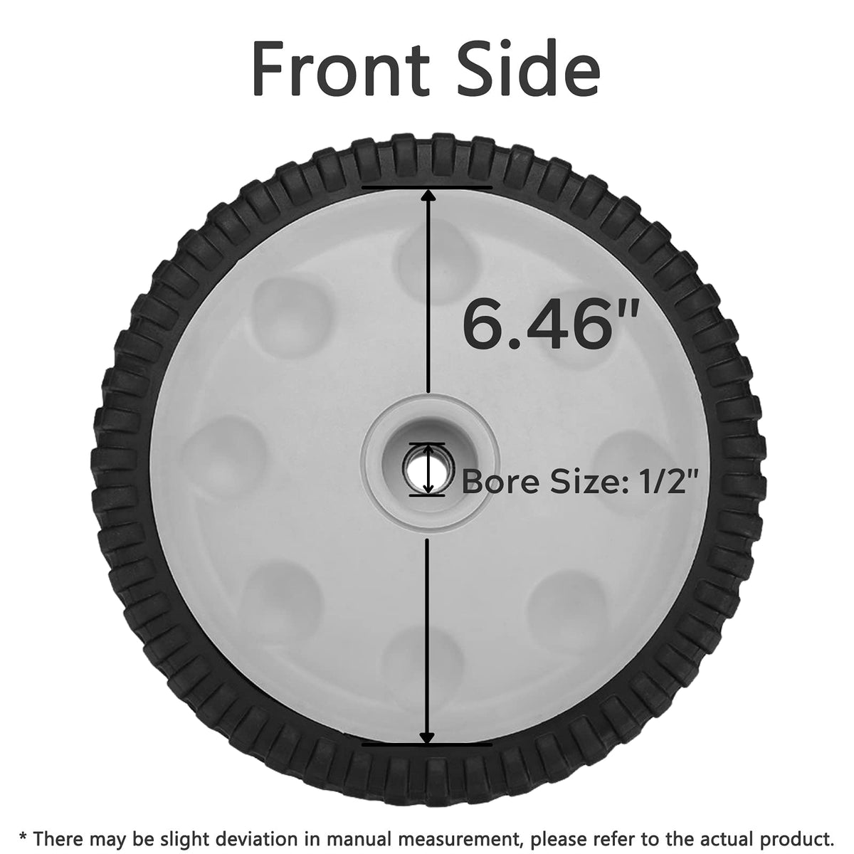 Fourtry front drive wheel shows 53-tooth tread gripping slick grass.