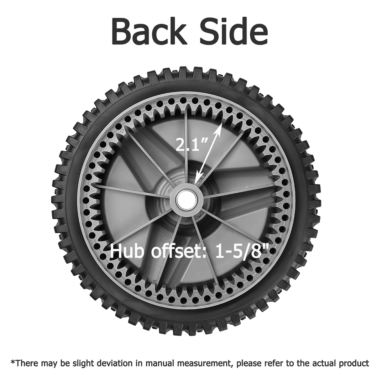 Two-pack gray drive wheels provide durable, consistent traction on uneven lawns.