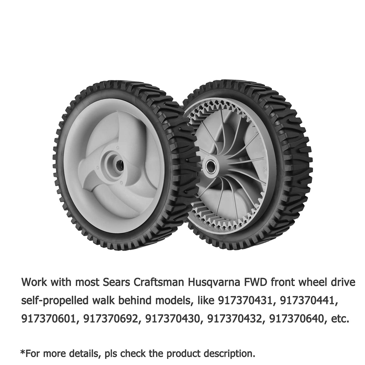 Two gray drive tires included, each eight inches tall.