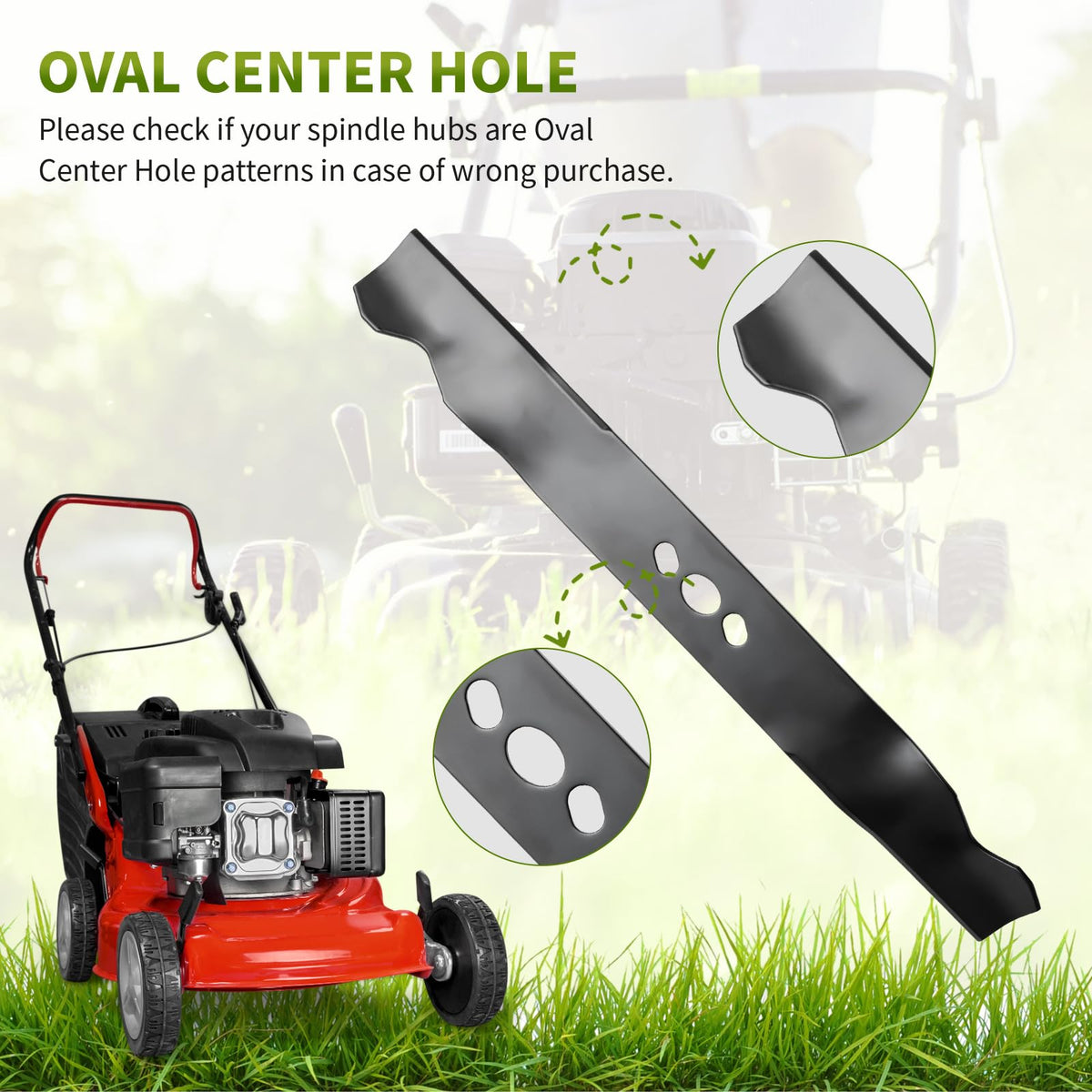 Fourtry 21-inch mulching blade close-up reveals sharp-edged mulch design.