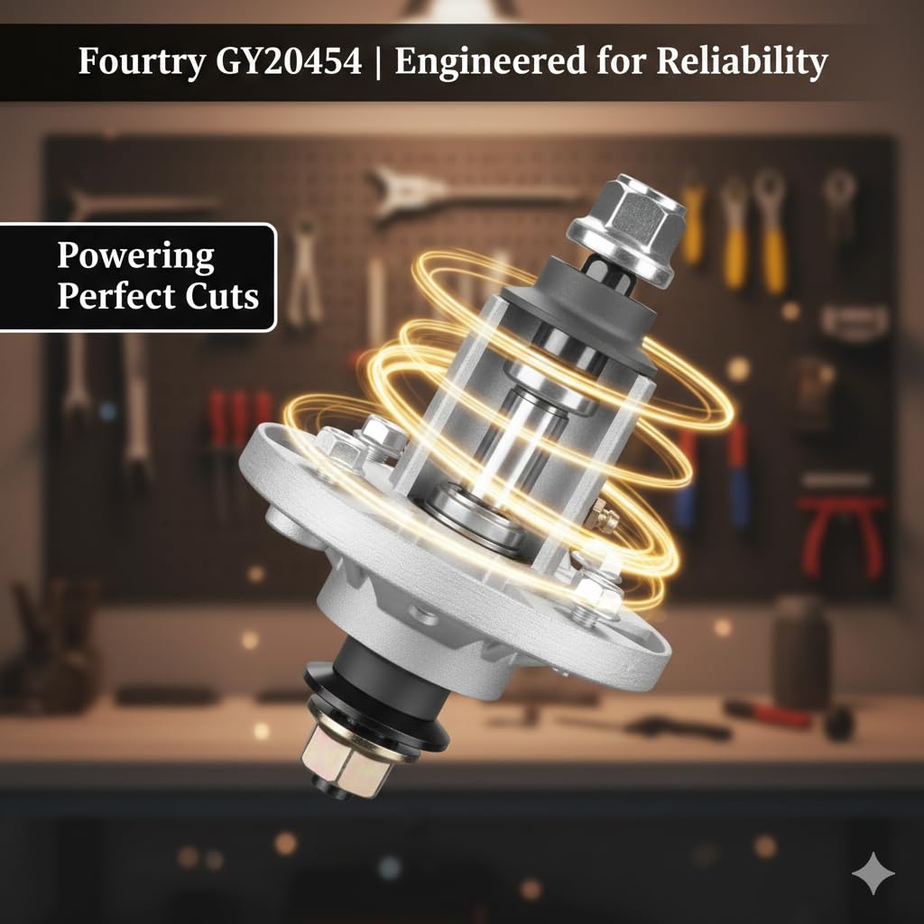 Fourtry spindle assembly for Deere X110 mower enables quick maintenance.