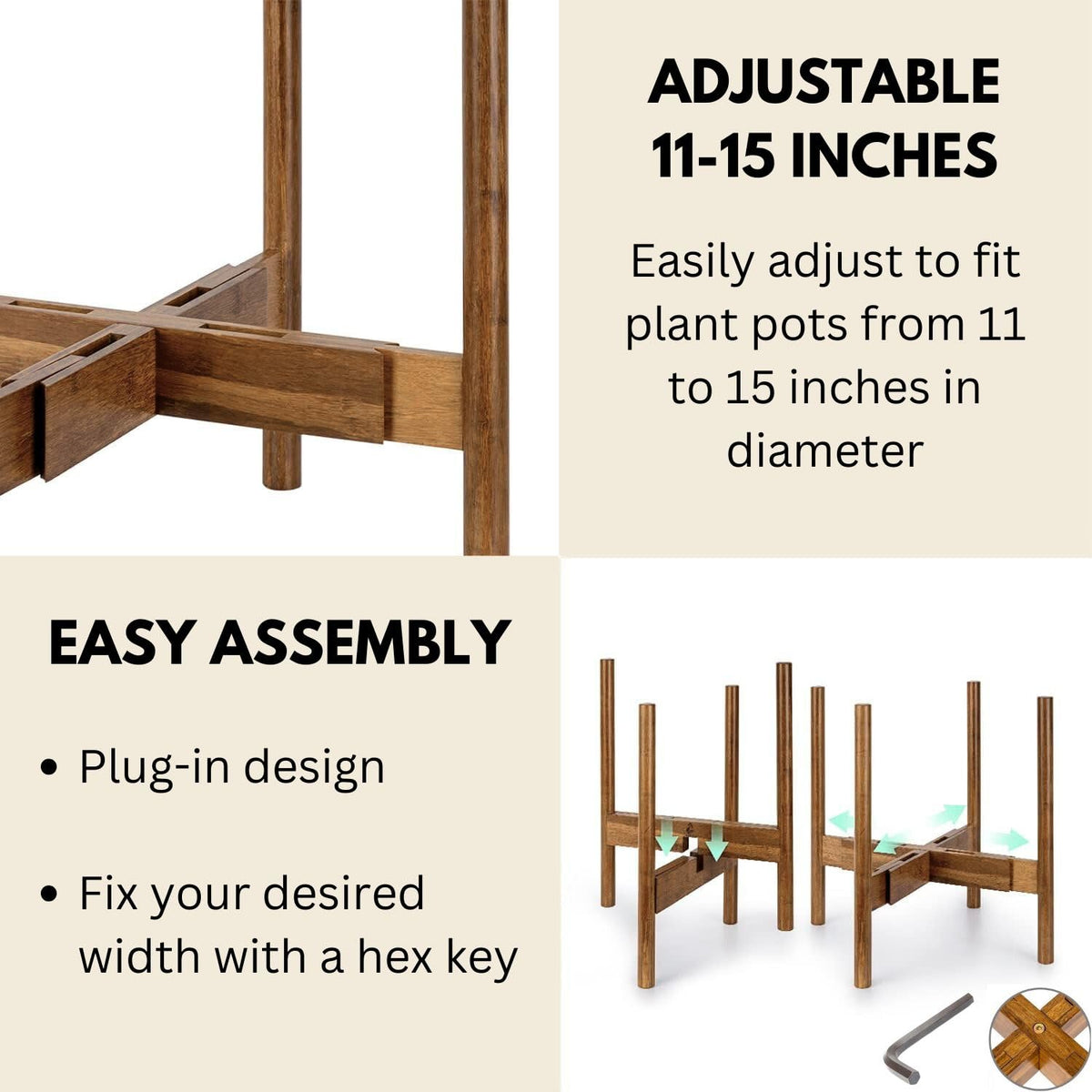 Fox & Fern width adjustment accommodates 11-15 inch pots.