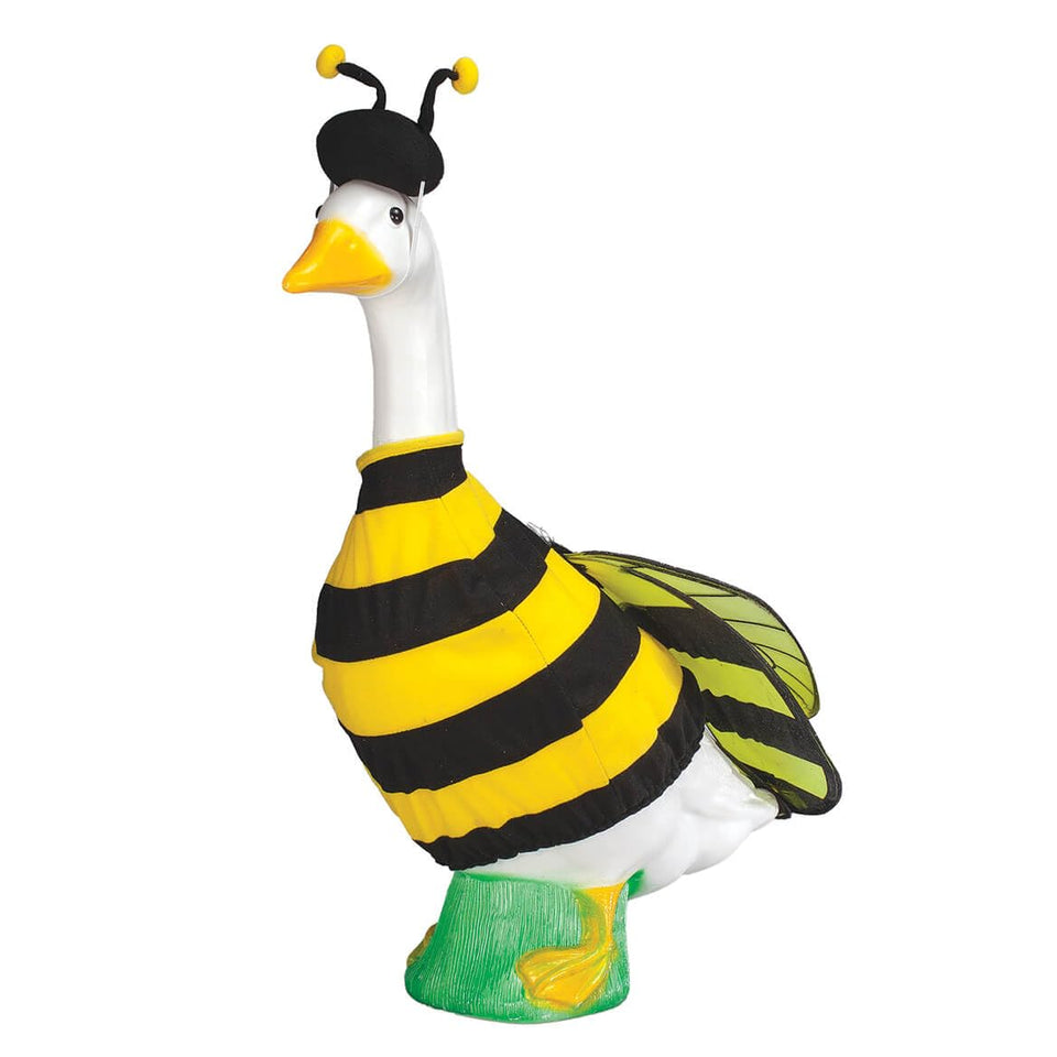 Fox Valley Traders Gaggleville Bumble Bee Goose Outfit on statue adds playful garden charm