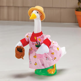 Fox Valley Traders Gaggleville Gardener Baby Goose Flower Pot enhances garden-themed display.