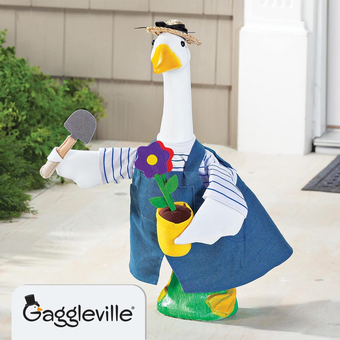 Gaggleville Goose Outfit features a flower pot for a touch of garden whimsy.