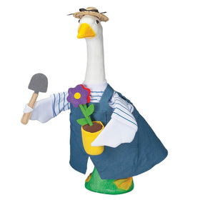 Fox Valley Traders Gaggleville Goose Outfit with straw hat adds garden décor charm.