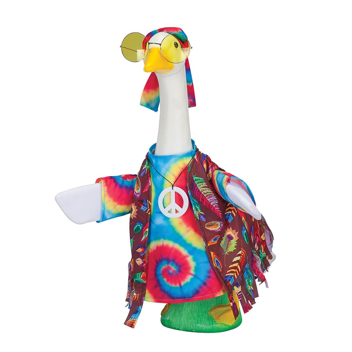 Fox Valley Traders Gaggleville Hippie Goose Outfit featuring a tie-dye shirt adds vibrant yard color
