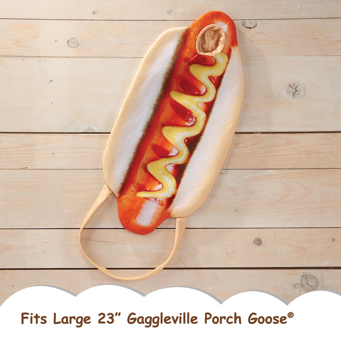 Hot dog costume detail with ketchup and mustard for vibrant yard decor