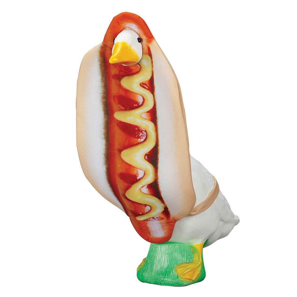 Fox Valley Traders Gaggleville hot dog goose outfit on a 23-inch statue for playful curb appeal