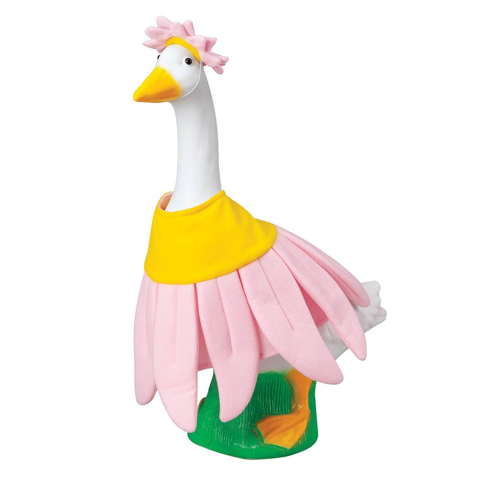 Fox Valley Traders Gaggleville pink daisy outfit on 17-inch goose statue adds garden whimsy